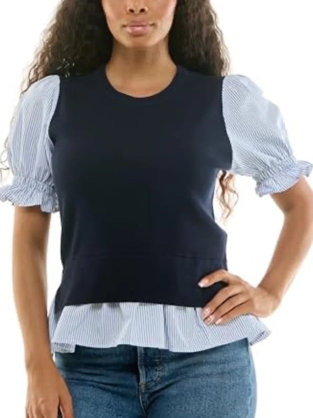 nanette lepore M Navy Blue White Striped Short Sleeve Vest Shirt Combo Twofer